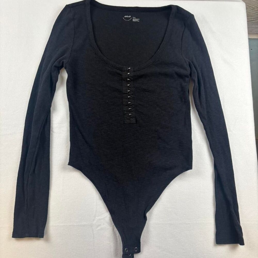 Aerie Black Long Sleeve Button-Up Bodysuit | Size Medium